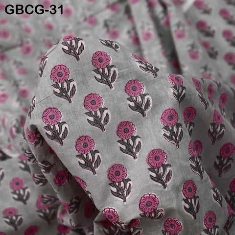 Block Printed Floral Cotton Fabric, Summer Dress, Sleepwear Pajamas Sewing Material by the Yard, Pink, Yellow, Grey and white