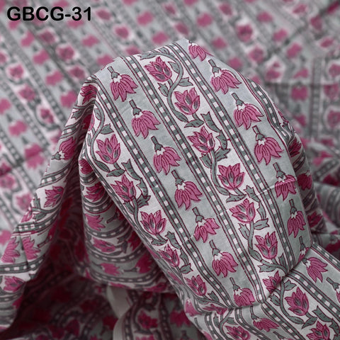 Block Printed Floral Cotton Fabric, Summer Dress, Sleepwear Pajamas Sewing Material by the Yard, Pink, Yellow, Grey and white