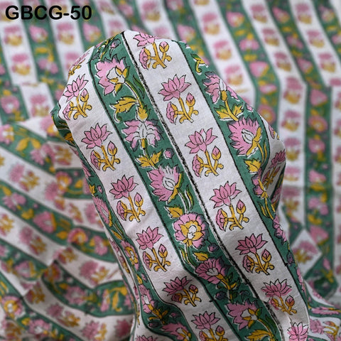 Block-Printed Floral Cotton Fabric, Summer Dress Sewing Material by the Yard, Green, Pink