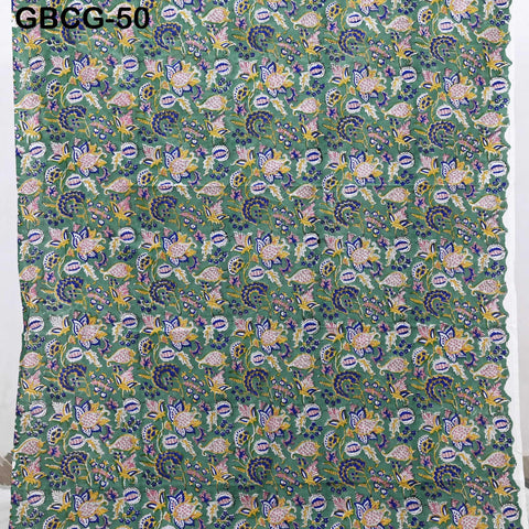 Block-Printed Floral Cotton Fabric, Summer Dress Sewing Material by the Yard, Green, Pink