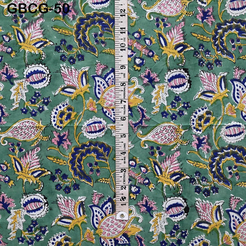 Block-Printed Floral Cotton Fabric, Summer Dress Sewing Material by the Yard, Green, Pink