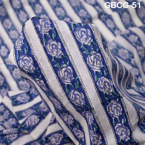 Block Printed Floral Cotton Fabric, Summer Dress, Sleepwear Pajamas Sewing Material by the Yard, Green and white