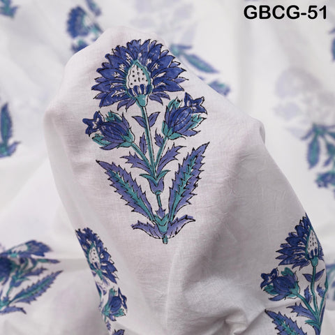 Block Printed Floral Cotton Fabric, Summer Dress, Sleepwear Pajamas Sewing Material by the Yard, Green and white
