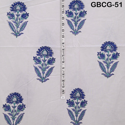 Block Printed Floral Cotton Fabric, Summer Dress, Sleepwear Pajamas Sewing Material by the Yard, Green and white