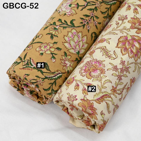 Block-Printed Floral Cotton Fabric, Summer Dress Sewing Material by the Yard, Green, Yellow