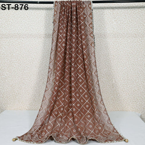 Brown Georgette Designer Dupatta, Silver Sequin Embroidered Women scarf, Punjabi Stoles, Wraps Bridesmaid Fashion Accessory Christmas Gift