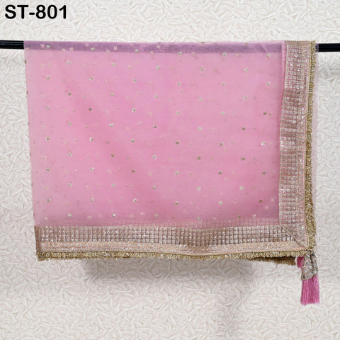 Pink Net Women Dupatta, Indian Bridal Wedding lehenga Chunni, Gold Sequin Veil Tassels Scarf Fabric Dress Craft Costume Doll Making Gift Her
