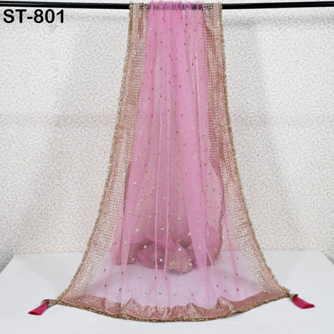 Pink Net Women Dupatta, Indian Bridal Wedding lehenga Chunni, Gold Sequin Veil Tassels Scarf Fabric Dress Craft Costume Doll Making Gift Her