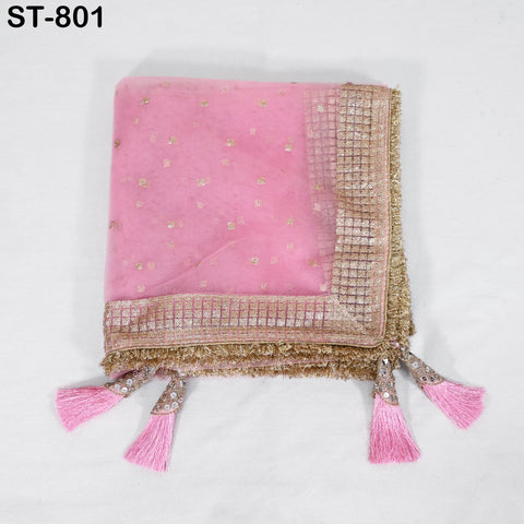 Pink Net Women Dupatta, Indian Bridal Wedding lehenga Chunni, Gold Sequin Veil Tassels Scarf Fabric Dress Craft Costume Doll Making Gift Her