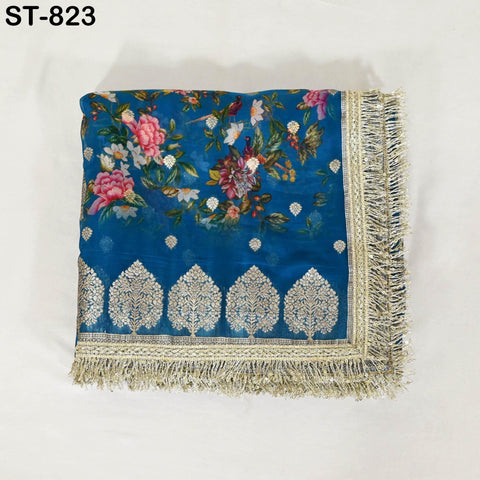 Teal Floral Organza Dupatta | Gold Brocade Border | Indian Printed Wedding Scarf | Party Wear Lightweight Dupatta | Women Ethnic Bridal Veil