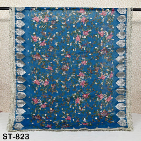 Teal Floral Organza Dupatta | Gold Brocade Border | Indian Printed Wedding Scarf | Party Wear Lightweight Dupatta | Women Ethnic Bridal Veil