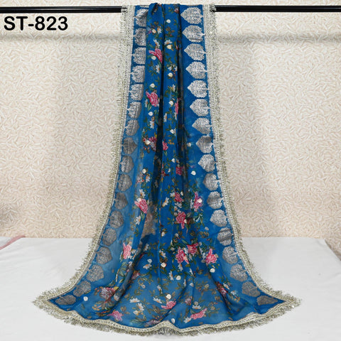 Teal Floral Organza Dupatta | Gold Brocade Border | Indian Printed Wedding Scarf | Party Wear Lightweight Dupatta | Women Ethnic Bridal Veil