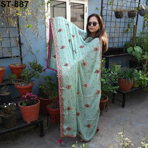Shipped by Express! Green Embroidered Women Dupatta Chinon Chiffon fabric 2.5 Yard Long Bridal Veil Boho Lehenga Stole for Festival Gift Her