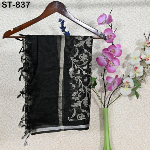 Black Embroidered Organza Dupatta – Sheer Floral Scarf with white Threadwork | Indian Ethnic Dupatta | Party Wear Dupatta Gift for Her