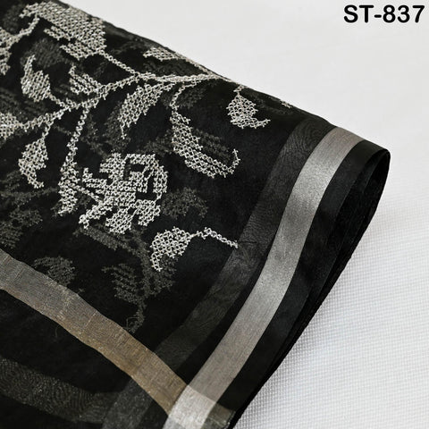 Black Embroidered Organza Dupatta – Sheer Floral Scarf with white Threadwork | Indian Ethnic Dupatta | Party Wear Dupatta Gift for Her
