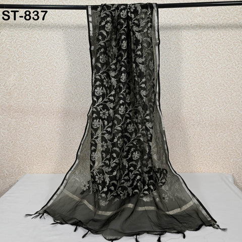 Black Embroidered Organza Dupatta – Sheer Floral Scarf with white Threadwork | Indian Ethnic Dupatta | Party Wear Dupatta Gift for Her