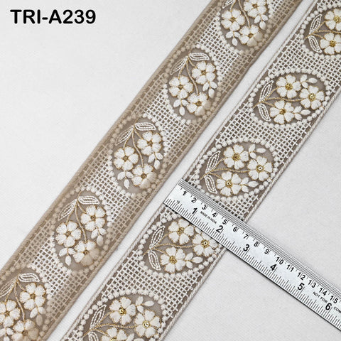 9 Yard Indian Beige Embroidered Net Fabric Trim 6 cm Ribbon Embellishment Cushion DIY Craft Sari Border Wedding Saree Tape Embroidery Dress