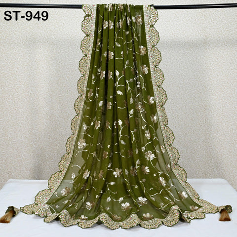 Olive Green Georgette Dupatta Handmade Gota Patti Indian Bridal Wedding Chunni Veil Sequin Scarf for Lehenga Dress Gift for Her Bridesmaid