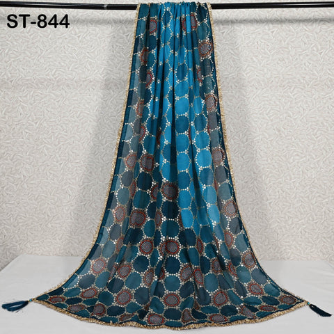 Blue Embroidered Dupatta – 2.4 m Chinon Chiffon Wrap with Gold Sequin Work | Wedding Shawl | Indian Ethnic Bridal Veil Scarf | Gift a Women