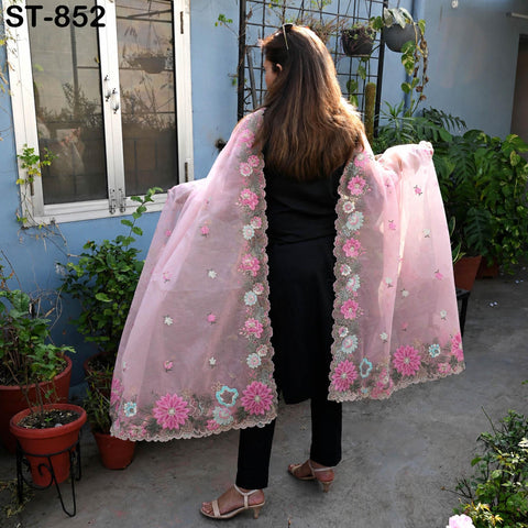 Pink Organza Dupatta Embroidery Bridal Veil Chunni Indian Head Scarf Crafting Sewing Wedding Dress Lehnga Costume Doll Making Gift for Her