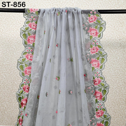Grey Organza Women Dupatta, Embroidered Bridal Veil, Punjabi Chunri, Indian Head Scarf Craft Sew, Wedding Lehenga dress Costume Gift for Mom