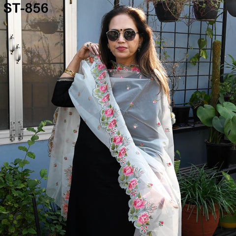 Grey Organza Women Dupatta, Embroidered Bridal Veil, Punjabi Chunri, Indian Head Scarf Craft Sew, Wedding Lehenga dress Costume Gift for Mom