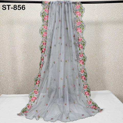 Grey Organza Women Dupatta, Embroidered Bridal Veil, Punjabi Chunri, Indian Head Scarf Craft Sew, Wedding Lehenga dress Costume Gift for Mom