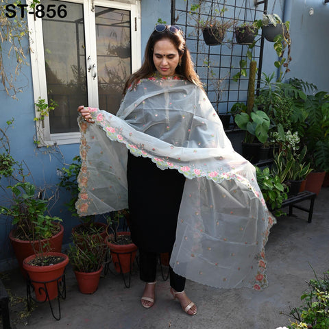 Grey Organza Women Dupatta, Embroidered Bridal Veil, Punjabi Chunri, Indian Head Scarf Craft Sew, Wedding Lehenga dress Costume Gift for Mom
