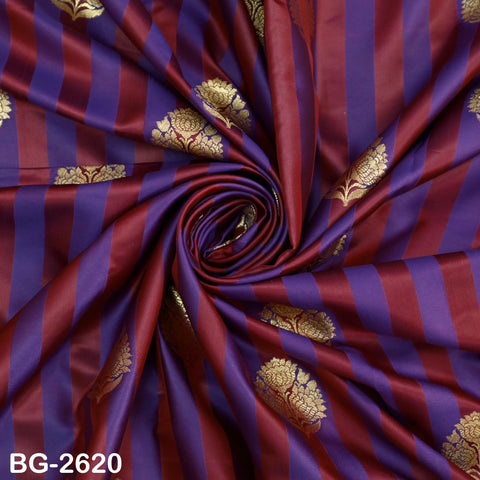 Blended Silk Brocade Fabric by Yard: Blue, Maroon, Gold Banarasi Weaving (44" Wide)