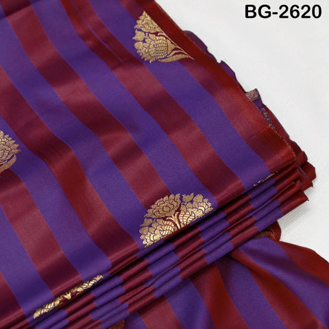 Blended Silk Brocade Fabric by Yard: Blue, Maroon, Gold Banarasi Weaving (44" Wide)
