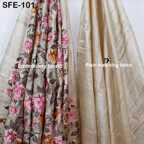 Pure Tussar Silk Embroidered Fabric by the yard Indian Embroidery Raw Silk Wild Natural Handmade Fabric Peace Silk Tussah Dress Material