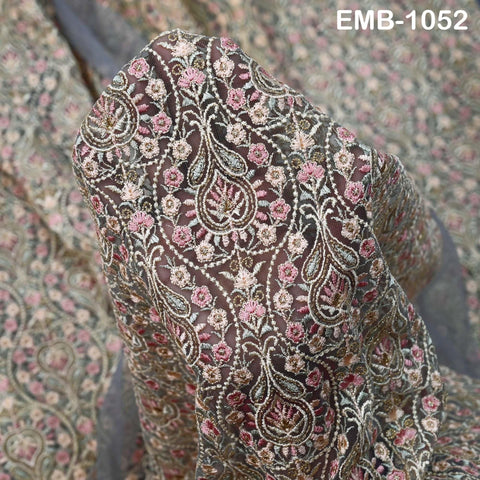 Embroidered Tulle Fabric by the Yard: Pista Green, Peach, Dusty Pink, Grey Indian Net Cloth