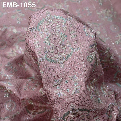 50-inch Indian Embroidered Fabric by Yard: Dusty Pink Viscose, Sequins, Wedding Dress Crafting