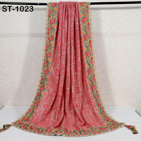 Coral Red Embroidery Dupatta Women Chikankari Georgette Chunni Bridal Veil Lehenga Wrap Stole Festival Wedding Punjabi Dress Chunri 2.5 Yard