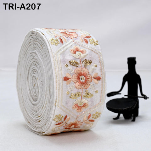 9 Yard Ivory Embroidery Ribbons 6cm Indian Sari Border Embroidered Crafting Sewing Tablecloth Lampshade making Home Decor Costumes Trimming