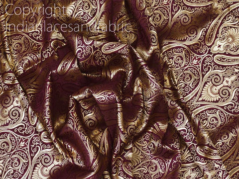 Indian Brocade Fabric Burgundy Gold Banarasi Benarse Blended Silk Bridal Wedding Dresses Lengha Crafting Sewing Drapery Upholstery Costume