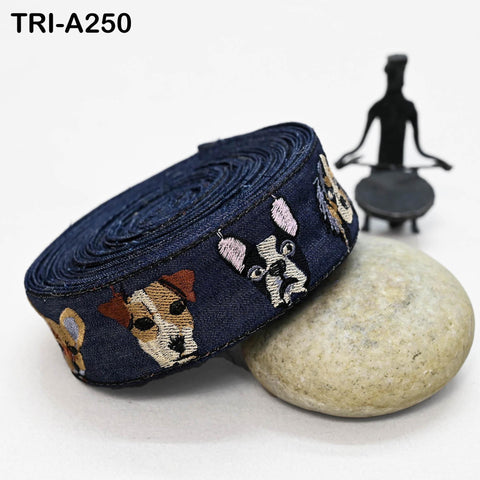 Embroidered Denim Ribbon Trim with Dog Faces (1.5 inch) - Sewing, Crafts, Decor