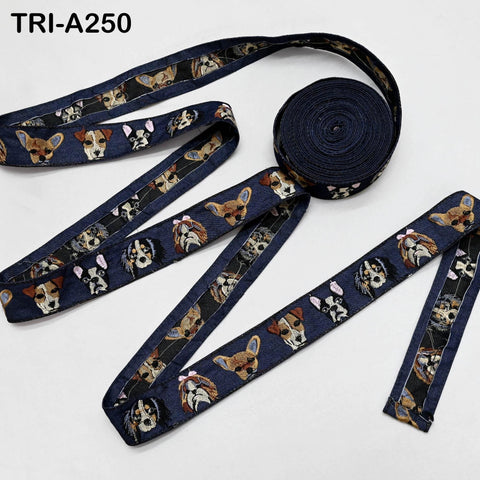 Embroidered Denim Ribbon Trim with Dog Faces (1.5 inch) - Sewing, Crafts, Decor