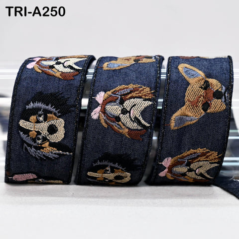Embroidered Denim Ribbon Trim with Dog Faces (1.5 inch) - Sewing, Crafts, Decor