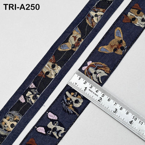 Embroidered Denim Ribbon Trim with Dog Faces (1.5 inch) - Sewing, Crafts, Decor
