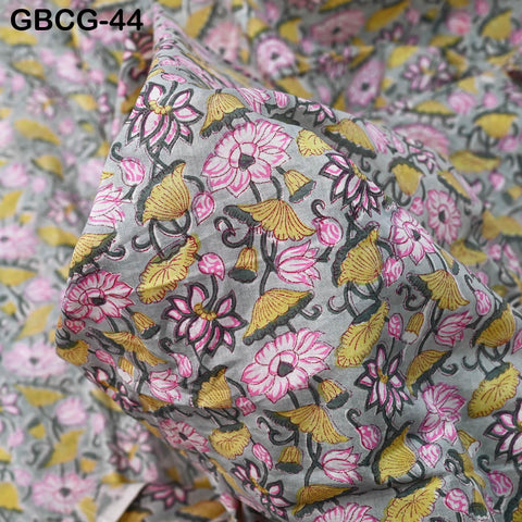 Block-Printed Floral Cotton Fabric, Summer Dress Sewing Material by the Yard, Green, Pink