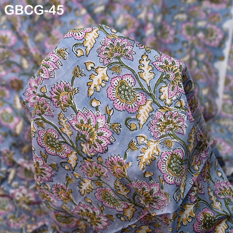 Block Printed Floral Cotton Fabric, Summer Dress, Sleepwear Pajamas Sewing Material by the Yard, Grey, Pink and Green