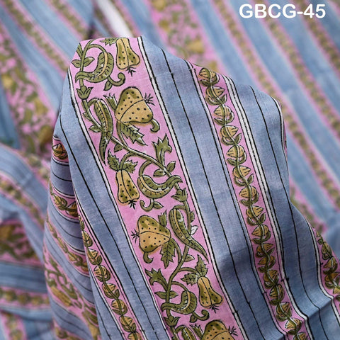 Block Printed Floral Cotton Fabric, Summer Dress, Sleepwear Pajamas Sewing Material by the Yard, Grey, Pink and Green