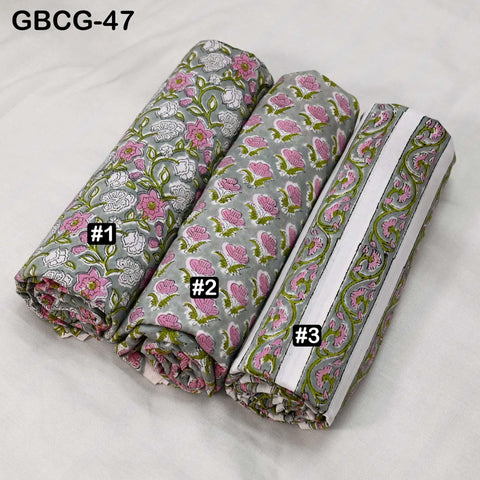 Block-Printed Floral Cotton Fabric, Summer Dress Sewing Material by the Yard, Green, Pink