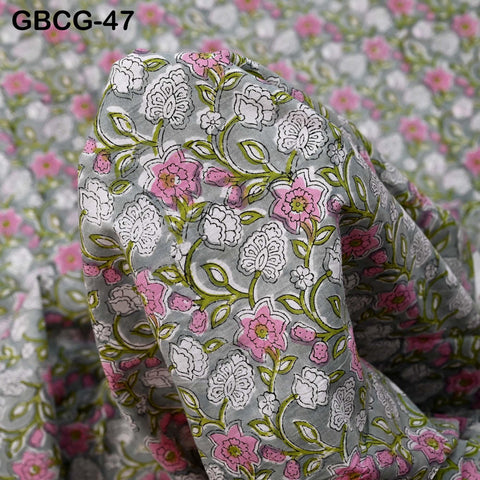 Block-Printed Floral Cotton Fabric, Summer Dress Sewing Material by the Yard, Green, Pink