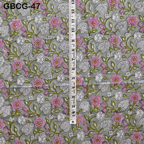 Block-Printed Floral Cotton Fabric, Summer Dress Sewing Material by the Yard, Green, Pink