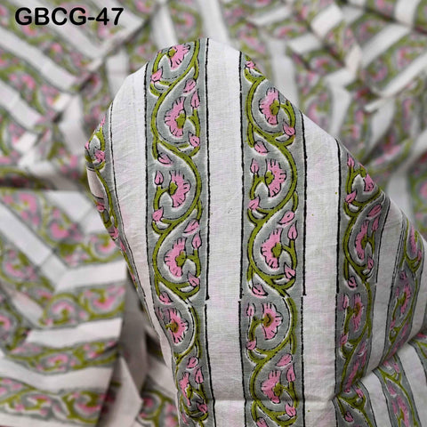 Block-Printed Floral Cotton Fabric, Summer Dress Sewing Material by the Yard, Green, Pink