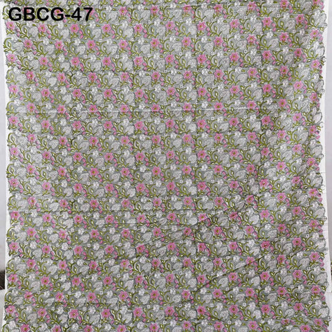 Block-Printed Floral Cotton Fabric, Summer Dress Sewing Material by the Yard, Green, Pink