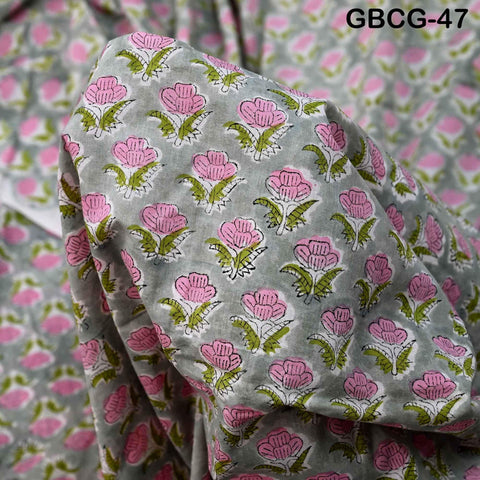 Block-Printed Floral Cotton Fabric, Summer Dress Sewing Material by the Yard, Green, Pink