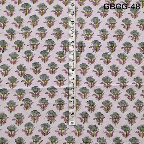 Block-Printed Floral Cotton Fabric, Summer Dress Sewing Material by the Yard, Green, Pink, Grey